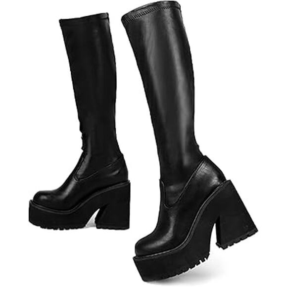 Aminugal Womens Size 10 Black Faux Leather Elastic Knee High Platform Boot Shoes - Picture 1 of 7